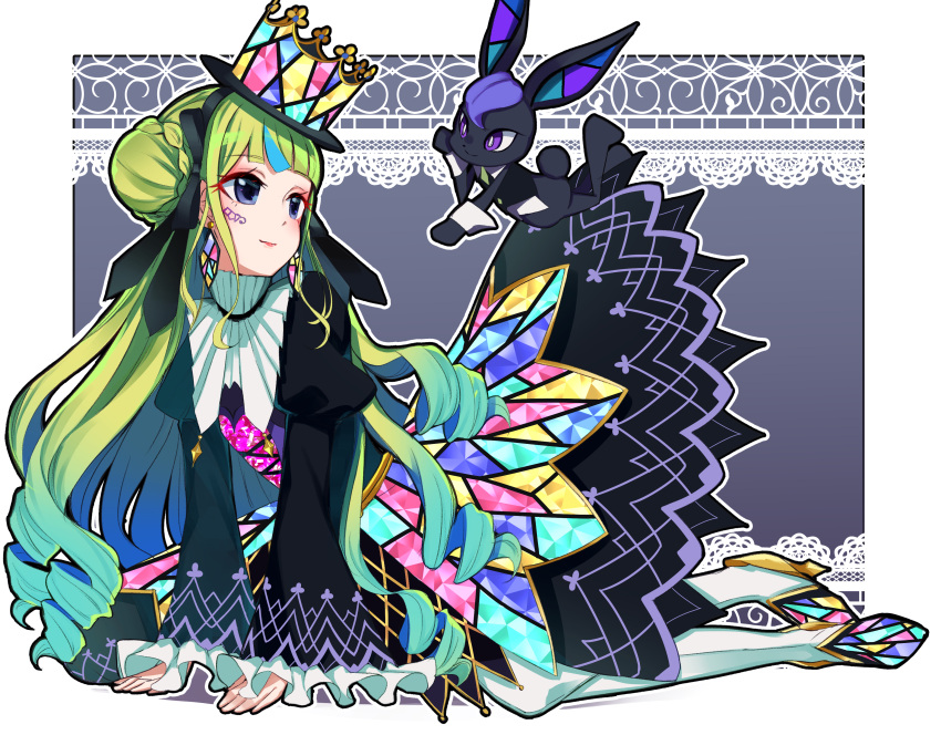 1girl, absurdres, aqua_hair, arm_support, bangs, black_dress, black_ribbon, blonde_hair