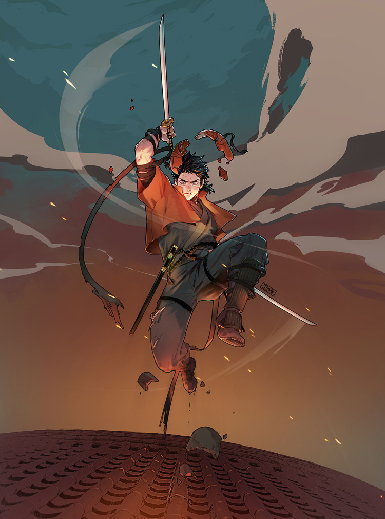 1boy, artist_name, bandaged_arm, bandages, batman_(series), black_hair, black_pants, blue_eyes, broken_mask, clouds, cropped_jacket, dc_comics, fighting_stance, holding, holding_weapon, jacket, jason_todd, jjmk-jjmk, katana, male_focus, mask, mask_removed, open_clothes, open_jacket, outdoors, pants, ponytail, red_hood, red_jacket, red_mask, sheath, short_hair, sky, solo, sword, weapon