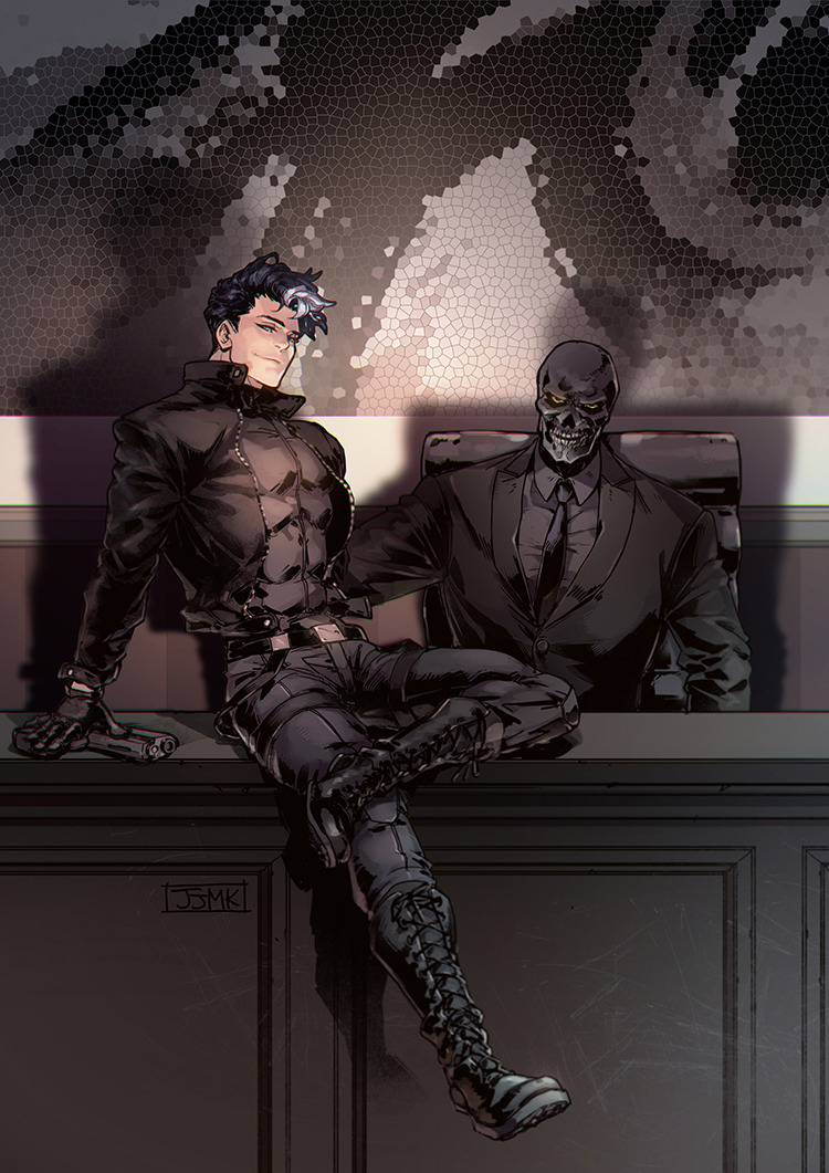 2boys, artist_name, batman_(series), belt, black_gloves, black_hair, black_jacket, black_mask_(batman)