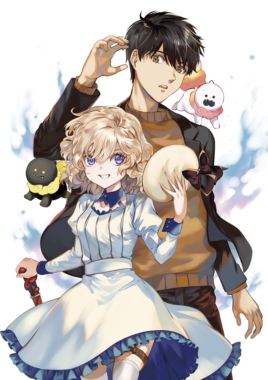 1boy, 1girl, bangs, beret, black_hair, black_jacket, brown_pants, cane, chashiba_katase, commentary_request, cowboy_shot, dress, eyebrows_behind_hair, hair_between_eyes, hat, highres, iwanaga_kotoko, jacket, juliet_sleeves, kyokou_suiri, light_brown_hair, long_sleeves, looking_at_viewer, medium_hair, open_mouth, orange_sweater, pants, prosthesis, prosthetic_leg, puffy_sleeves, sakuragawa_kurou, short_hair, smile, sweater, teeth, violet_eyes, white_dress, white_headwear, white_legwear, yellow_eyes