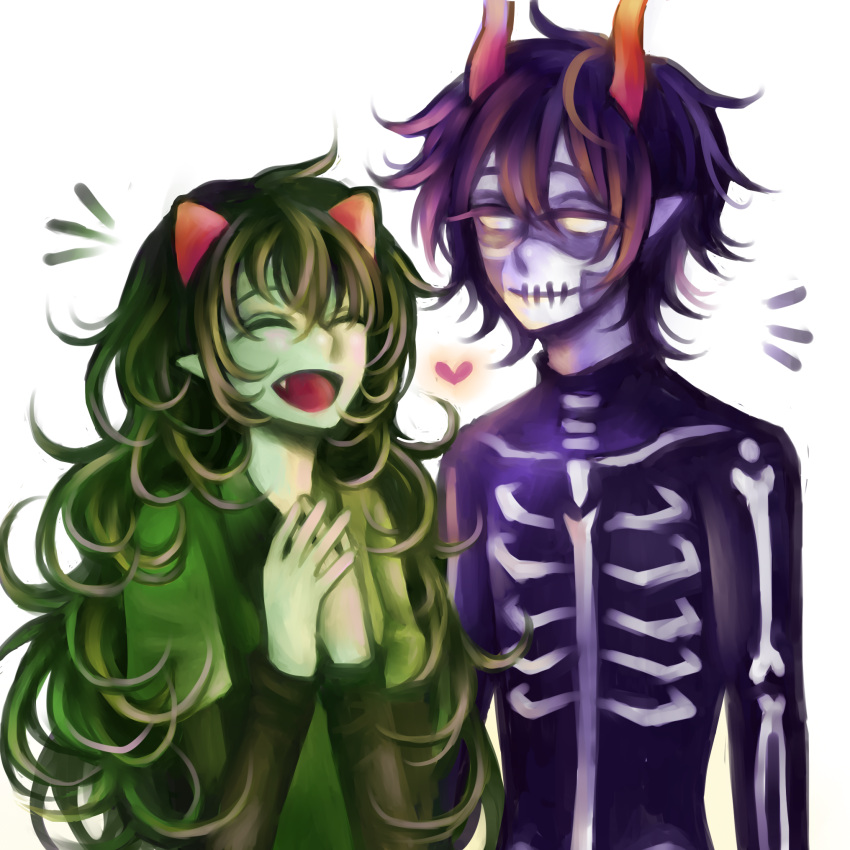 1boy, 1girl, alien, blank_eyes, closed_eyes, couple, facepaint, green_hair