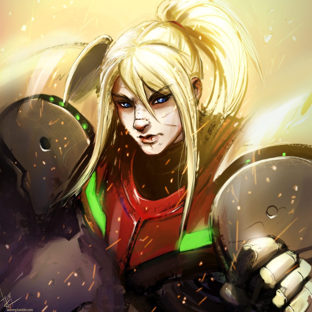 1girl, amrrr, blonde_hair, blue_eyes, clenched_hand, closed_mouth, eyebrows_visible_through_hair, hair_tie