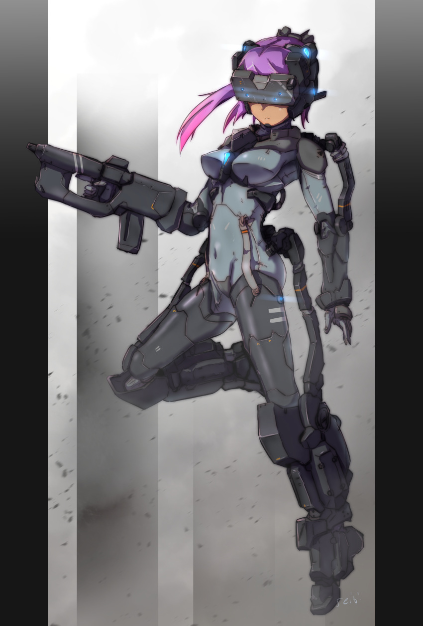 1girl, absurdres, bodysuit, breasts, dark-skinned_female, dark_skin, exoskeleton, floating_hair, frown, gloves, glowing, grey_bodysuit, grey_gloves, gun, highres, holding, holding_gun, holding_weapon, looking_ahead, medium_breasts, medium_hair, open_hand, original, ponytail, purple_hair, science_fiction, seibi_hanchou, solo, visor, weapon