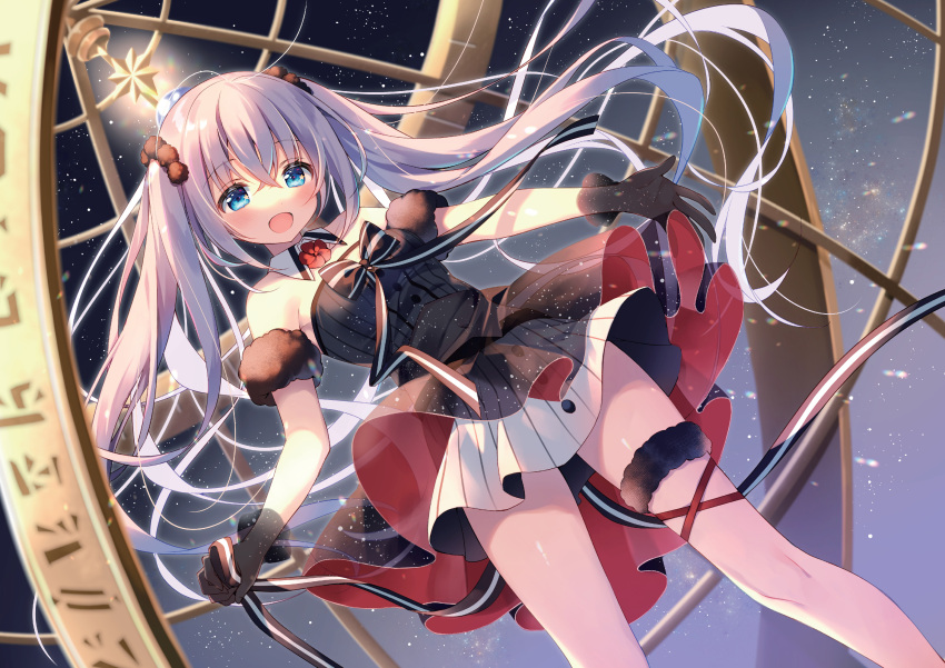 1girl, :d, absurdres, bangs, black_dress, black_gloves, black_sclera, blue_eyes, blurry, blurry_foreground, collar, colored_sclera, commentary, depth_of_field, detached_collar, dress, emori_miku_project, eyebrows_visible_through_hair, fur_armlet, garter_straps, gloves, grey_hair, hair_ornament, hair_scrunchie, highres, holding, layered_dress, looking_at_viewer, open_mouth, scrunchie, short_dress, smile, solo, space, standing, star_(sky), strapless, strapless_dress, suimya, thigh_strap, twintails, white_collar, wing_collar