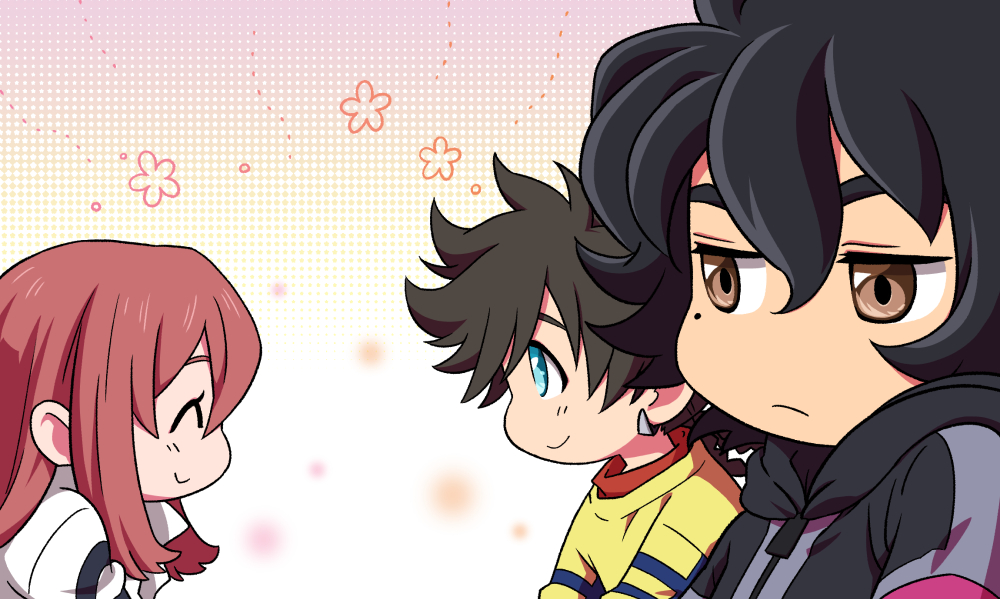 1girl, 2boys, ^_^, annoyed, black_hair, black_hoodie, blue_eyes, closed_eyes