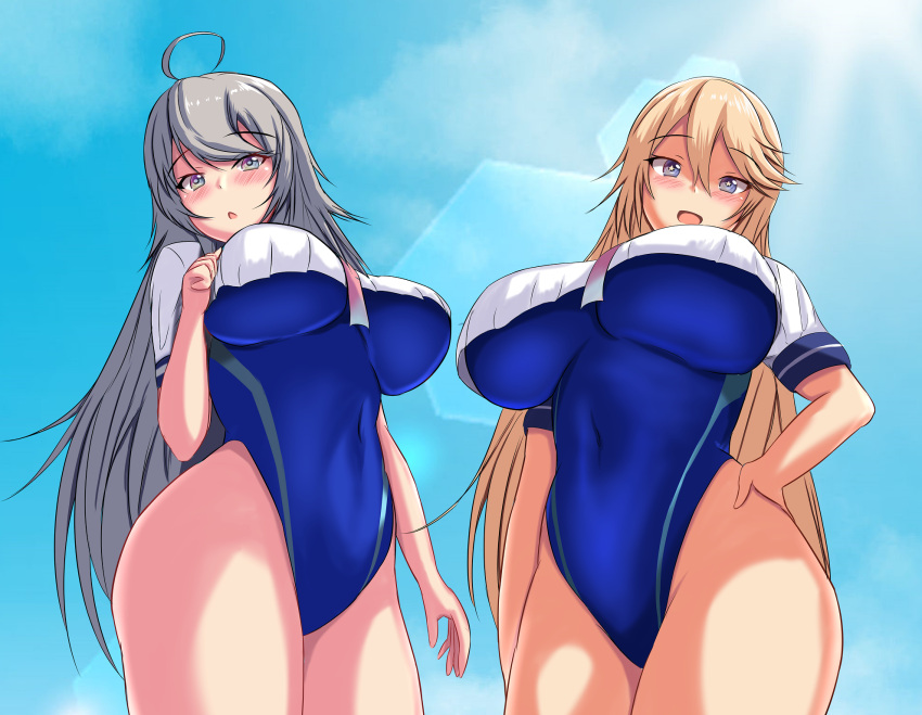 2girls, ahoge, arm_at_side, bad_hands, bangs, blonde_hair, blue_eyes, blue_swimsuit