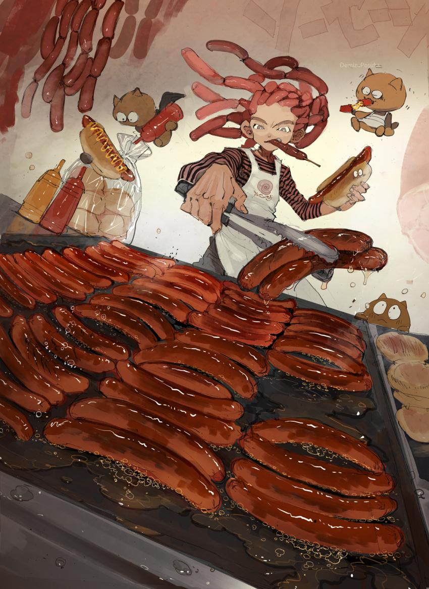1girl, 3others, apron, bag, bottle, bright_pupils, cooking, demizu_posuka