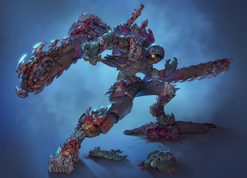 2boys, belt, blood, chainsaw, colored_skin, concept_art, corpse, decapitation