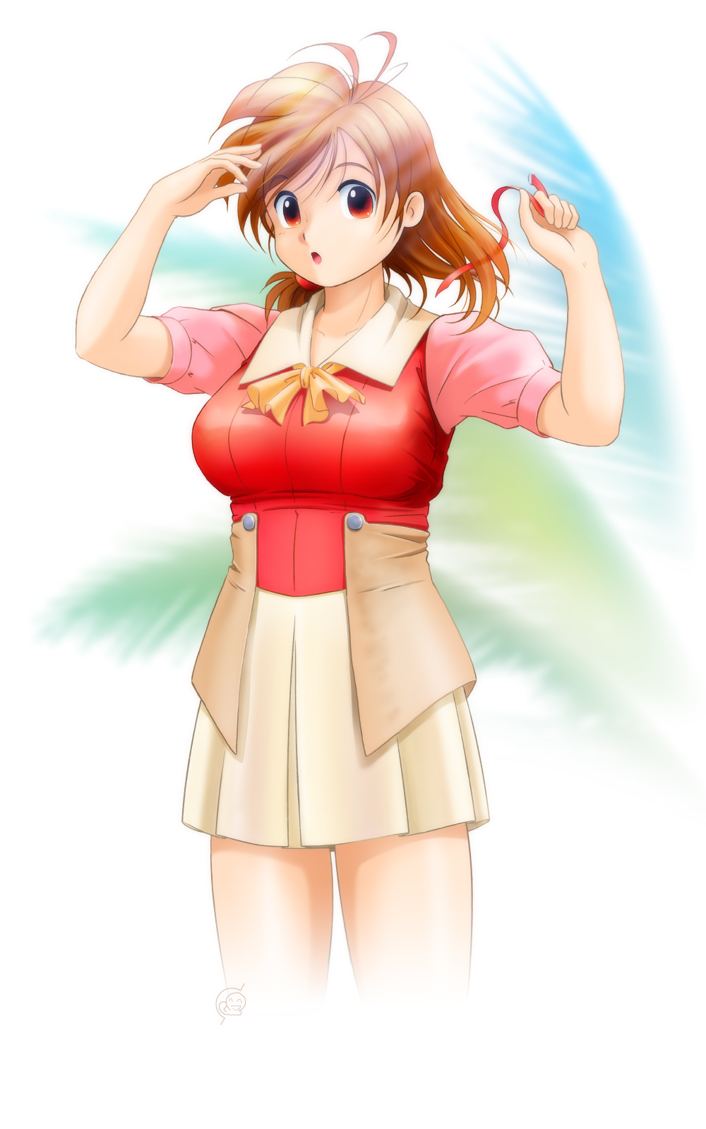 1girl, aroma_(monster_farm), breasts, brown_eyes, brown_hair, collarbone, hair_down, hair_ribbon