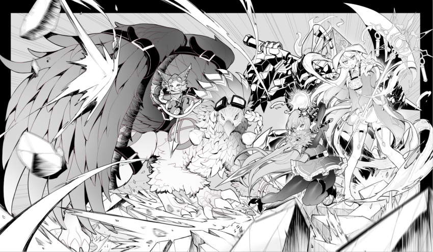 2girls, 2others, @_@, annotated, aquamancer_of_the_sanctuary, arm_belt, armor, axe, bangs, beak, belt, boots, bow_(weapon), brave_token, commentary, creature, debris, dress, duel_monster, elbow_gloves, eyebrows_visible_through_hair, feathers, full_armor, gloves, goggles, goggles_on_head, greyscale, griffin, hair_between_eyes, hat, highres, holding, holding_bow_(weapon), holding_staff, holding_sword, holding_weapon, long_hair, long_sleeves, magicite_warrior_of_the_ancient_ruins, monochrome, multiple_girls, multiple_others, original, pantyhose, pointy_ears, riding, rubble, staff, sword, thigh-highs, thigh_boots, touko_(huoji), wandering_gryphon_rider, weapon, wings, yu-gi-oh!