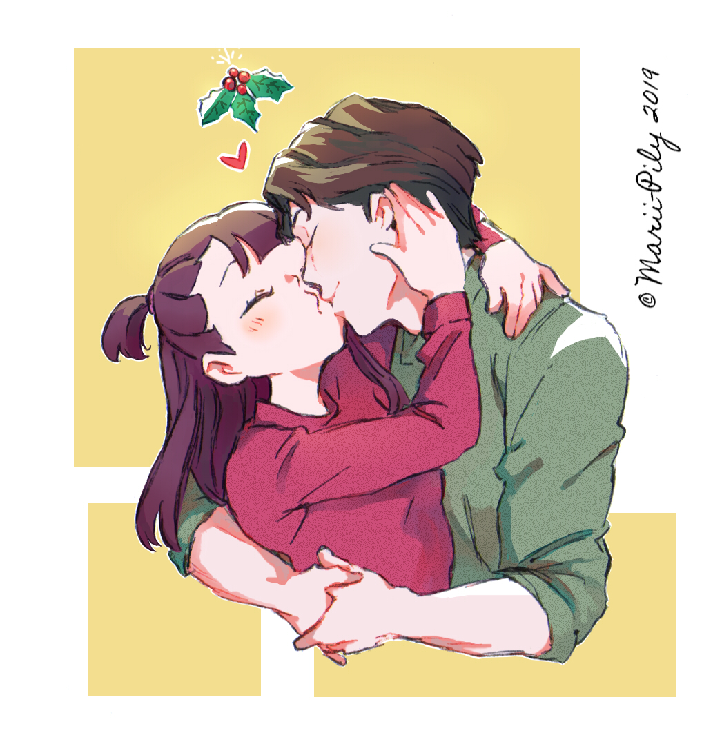 1boy, 1girl, andrew_hanbridge, artist_name, brown_hair, christmas, christmas_sweater, closed_eyes, closed_mouth, commentary, cropped_torso, dated, green_shirt, hands_on_another's_face, heart, hetero, holly, hug, kagari_atsuko, kiss, little_witch_academia, long_hair, long_sleeves, marii_pily, one_side_up, red_shirt, shirt, short_hair, sleeves_rolled_up, smile