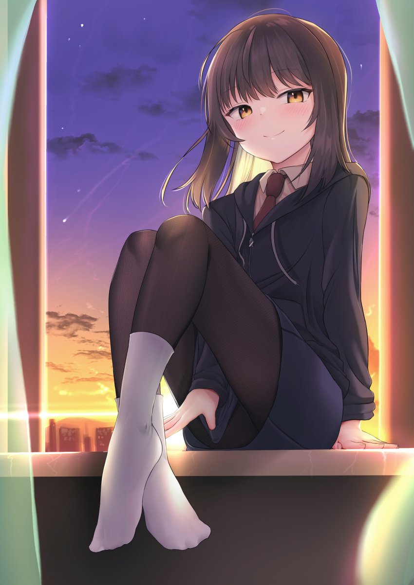 1girl, absurdres, bangs, between_legs, black_jacket, black_legwear, black_skirt, brown_eyes
