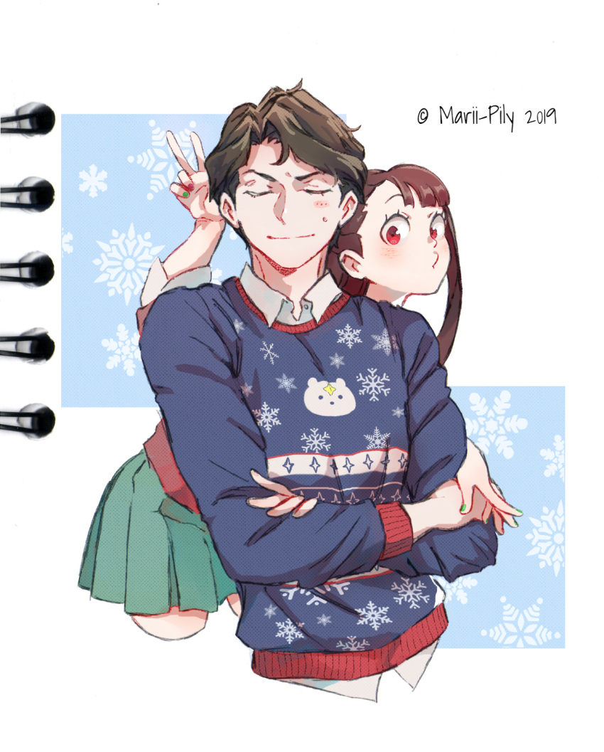 1boy, 1girl, andrew_hanbridge, artist_name, asymmetrical_bangs, bangs, brown_hair, christmas