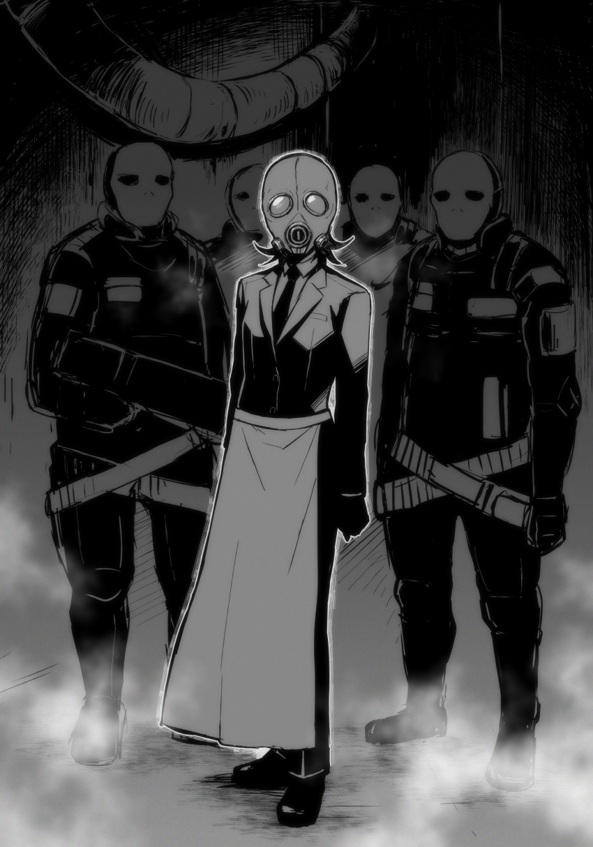 1girl, apron, biomega, breasts, coat, formal, gas_mask, gloves