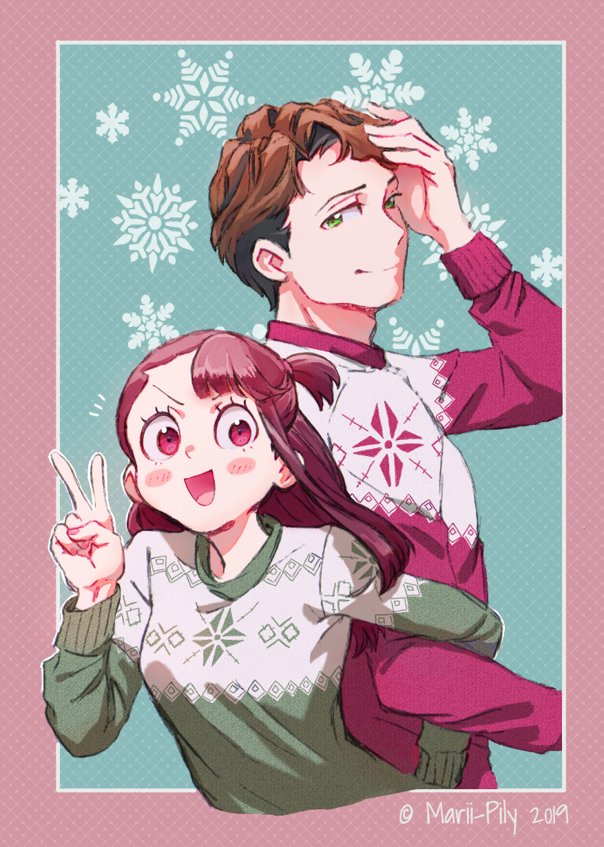 1boy, 1girl, andrew_hanbridge, artist_name, asymmetrical_bangs, bangs, blush_stickers, brown_hair