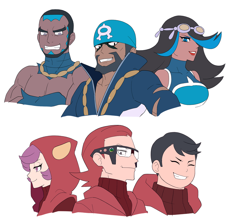 2girls, 4boys, archie_(pokemon), bangs, beard, black-framed_eyewear, black_eyes, black_hair