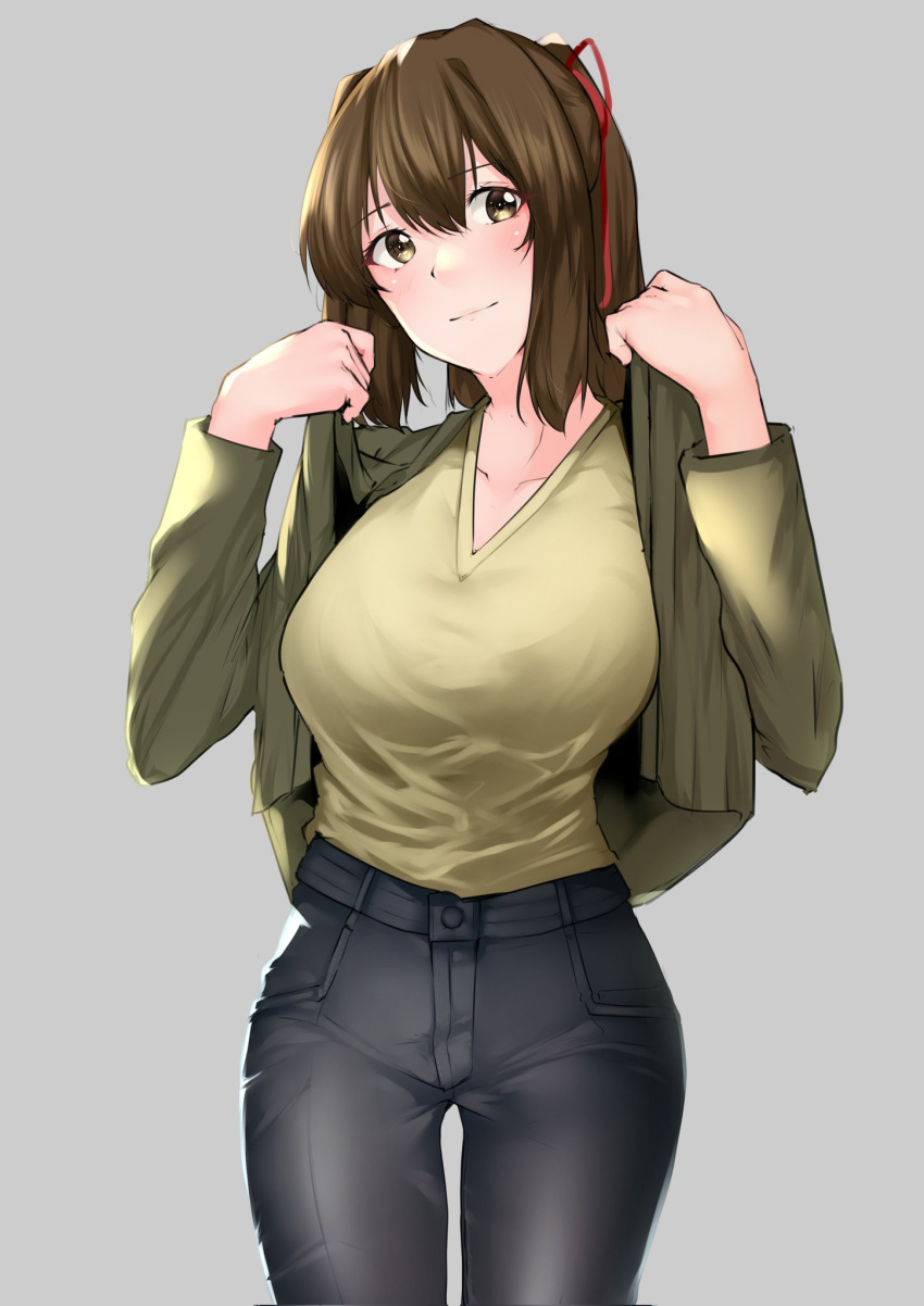 1girl, alternate_costume, breasts, brown_eyes, brown_hair, casual, commentary_request, cowboy_shot