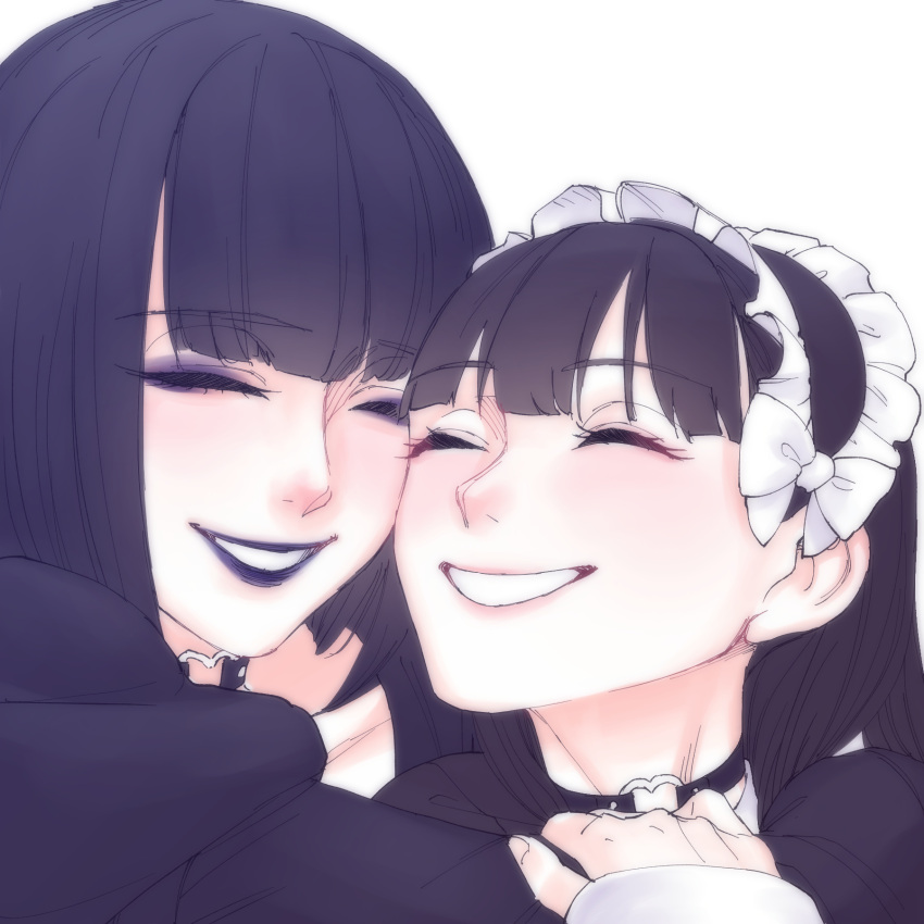 2girls, age_difference, bangs, black_lips, bob_cut, choker, closed_eyes, eyebrows_visible_through_hair
