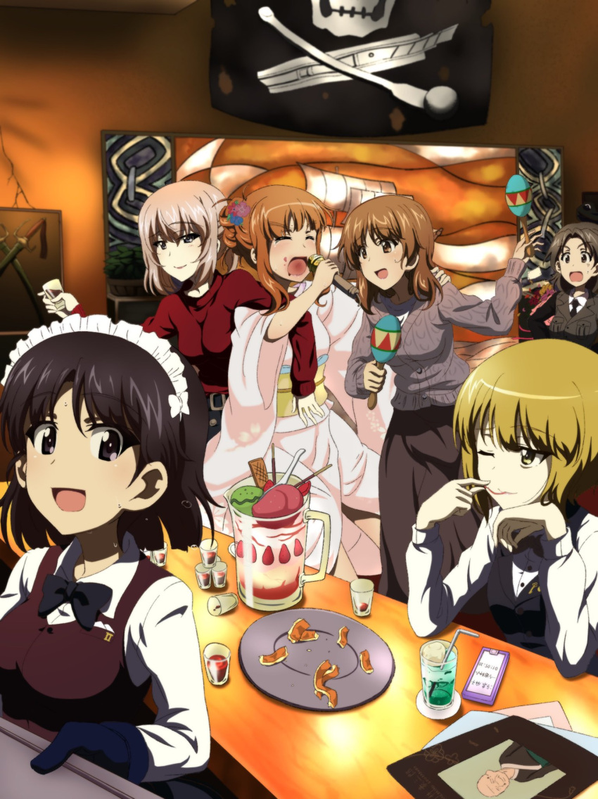 6+girls, :d, :o, black_gloves, black_hair, black_jacket, black_neckwear, blonde_hair