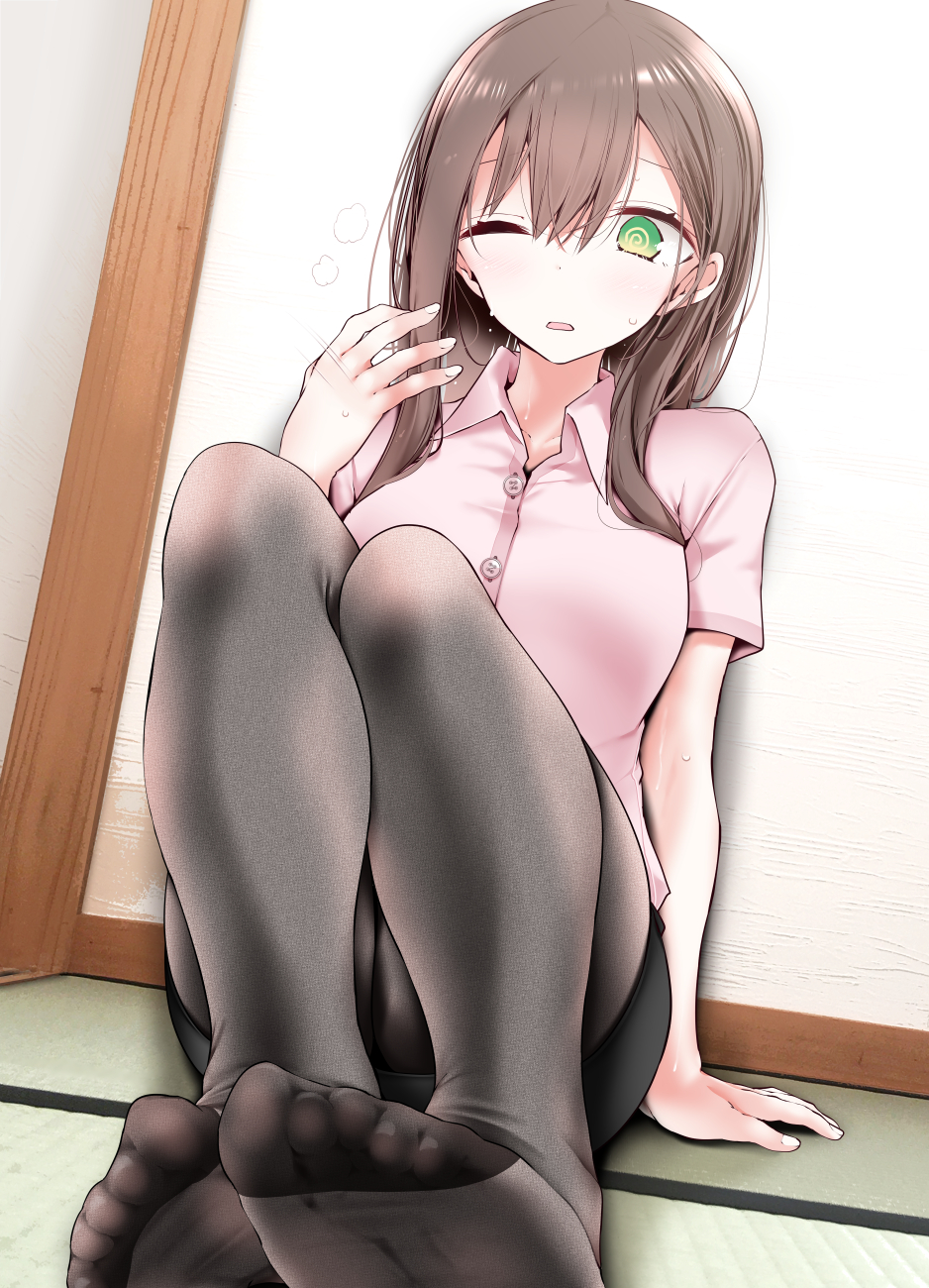 1girl, @_@, arm_support, bangs, black_legwear, black_skirt, blush, breasts