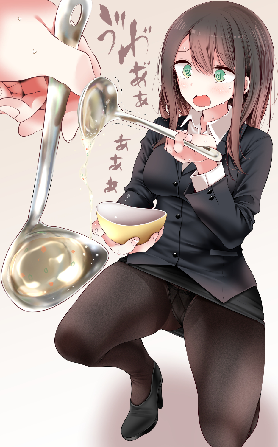 1girl, @_@, bangs, black_legwear, blush, breasts, brown_hair, green_eyes, highres, ladle, left-handed, long_hair, office_lady, ol-chan_(oouso), one_knee, oouso, original, panties, panties_under_pantyhose, pantyhose, pencil_skirt, skirt, sweat, translation_request, underwear