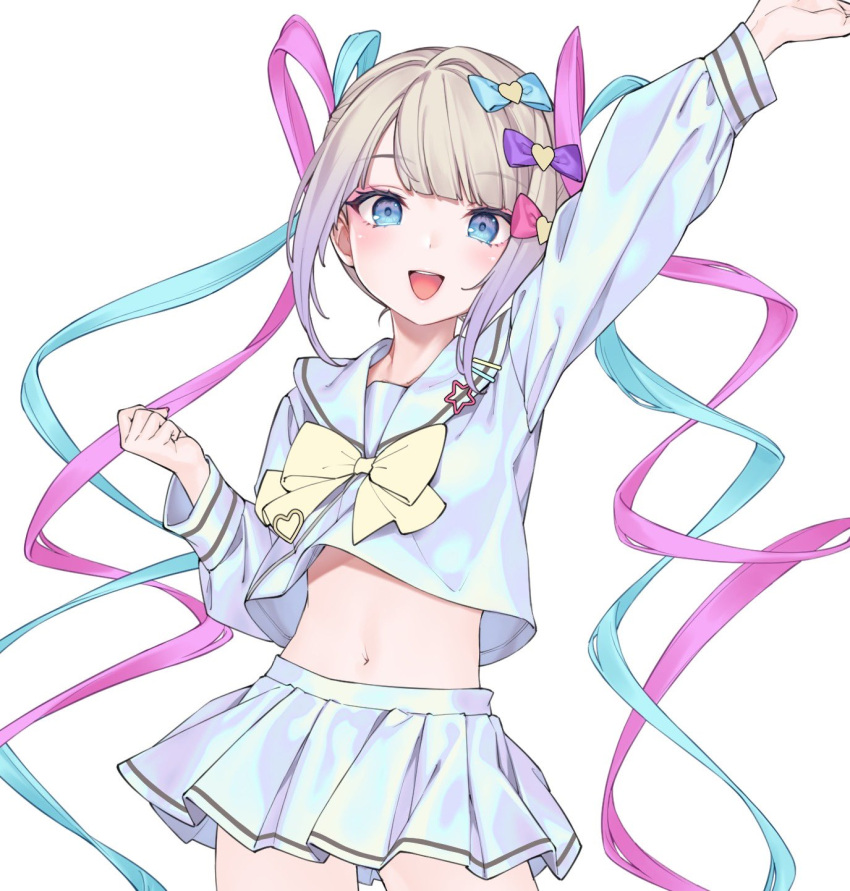 1girl, :d, arm_up, blonde_hair, blue_eyes, blue_hair, blue_shirt, blue_skirt