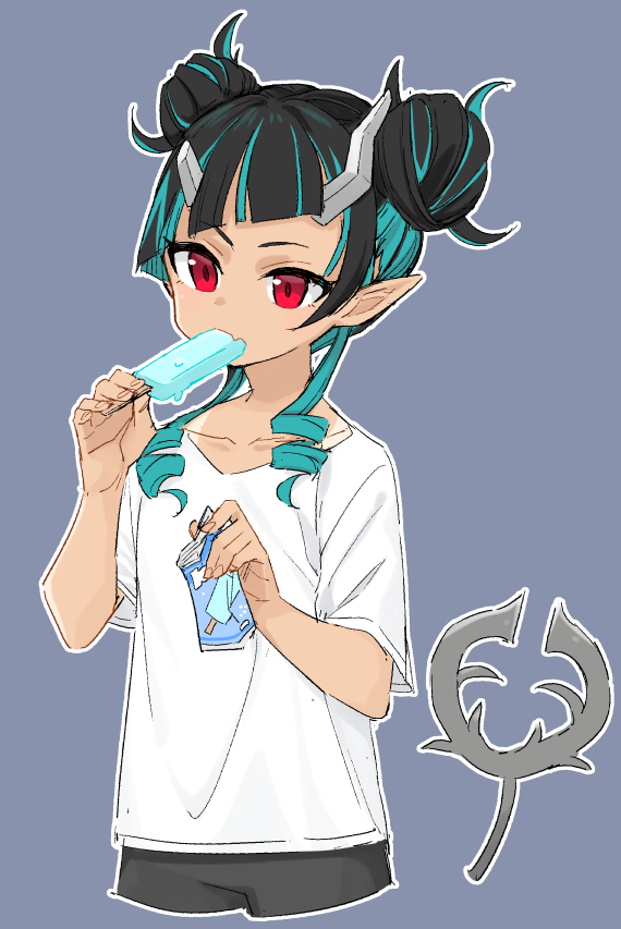 1girl, alternate_costume, alternate_hairstyle, bangs, black_hair, black_shorts, blue_background, blue_hair