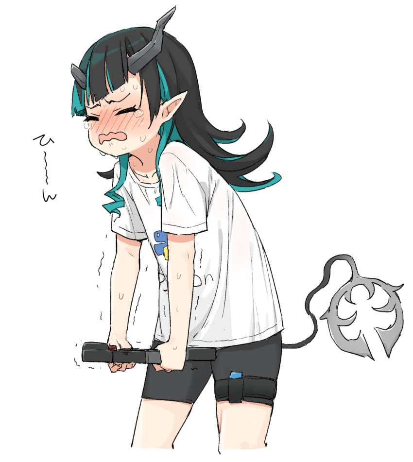 1girl, alternate_costume, bangs, black_hair, black_shorts, blue_hair, blush, closed_eyes