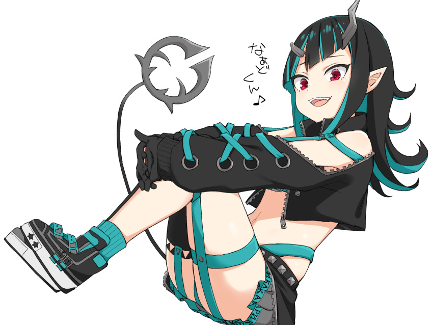 1girl, bangs, belt, beltbra, black_footwear, black_gloves, black_hair, black_jacket