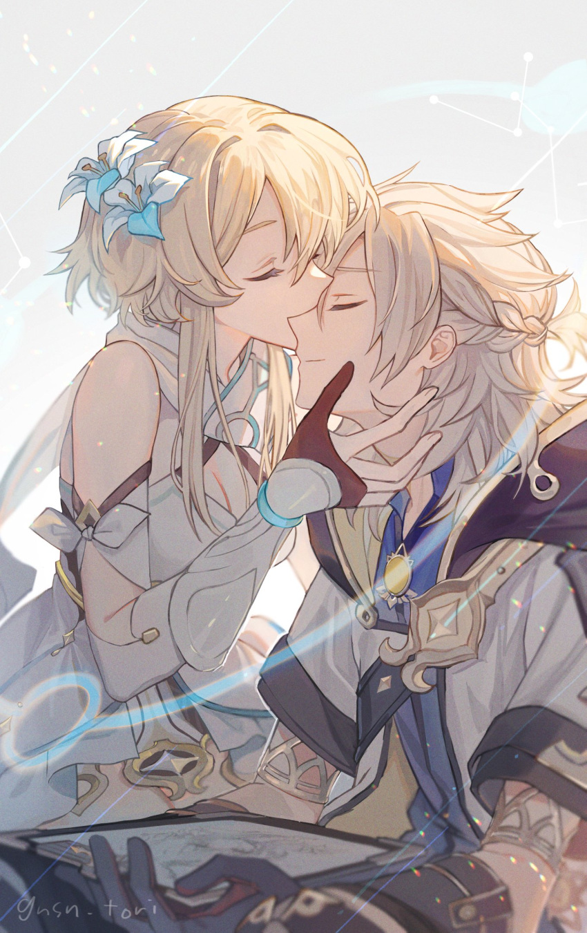 1boy, 1girl, albedo_(genshin_impact), bangs, blonde_hair, braid, closed_eyes, commentary_request