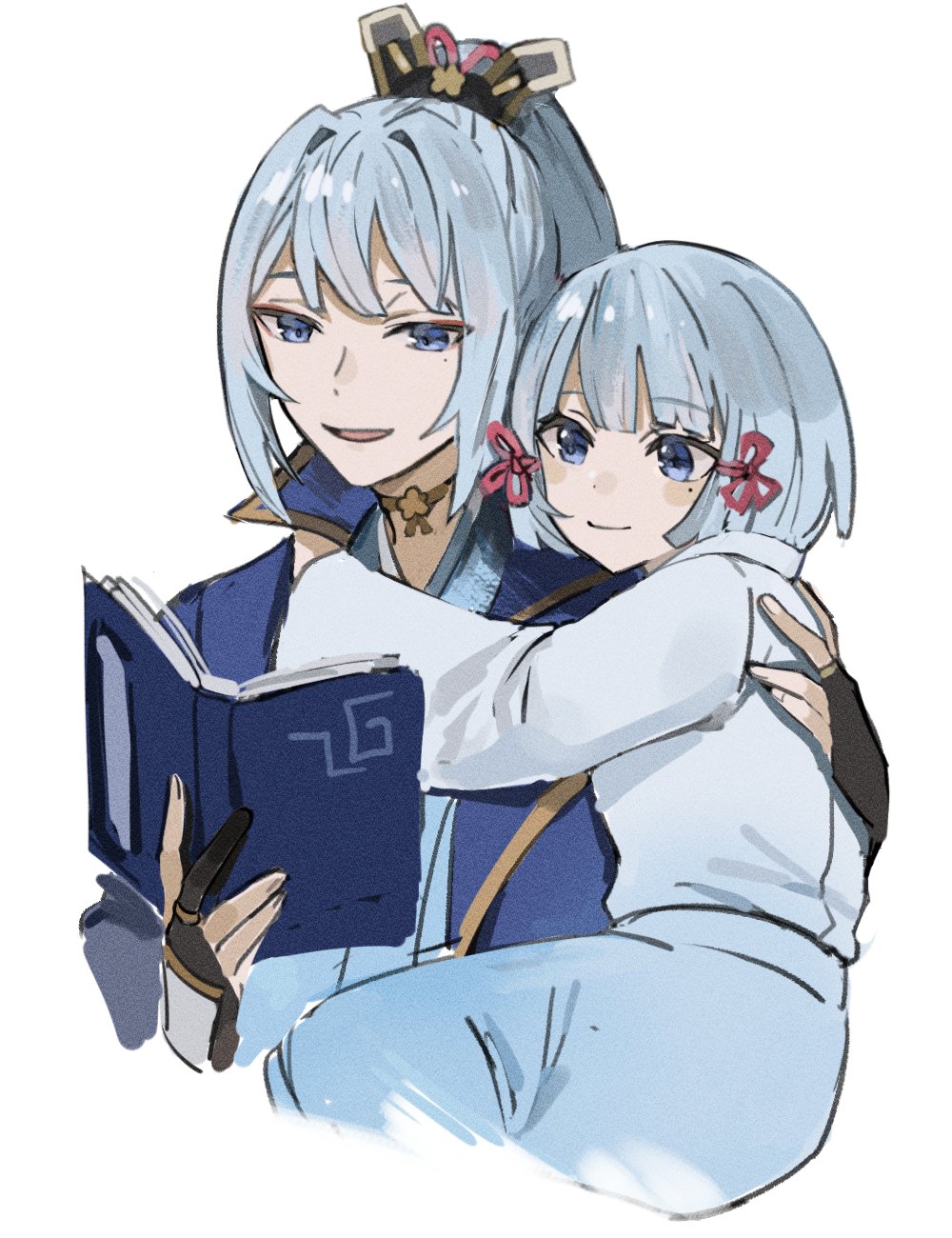 1boy, 1girl, bangs, black_gloves, blue_eyes, book, brother_and_sister, carrying