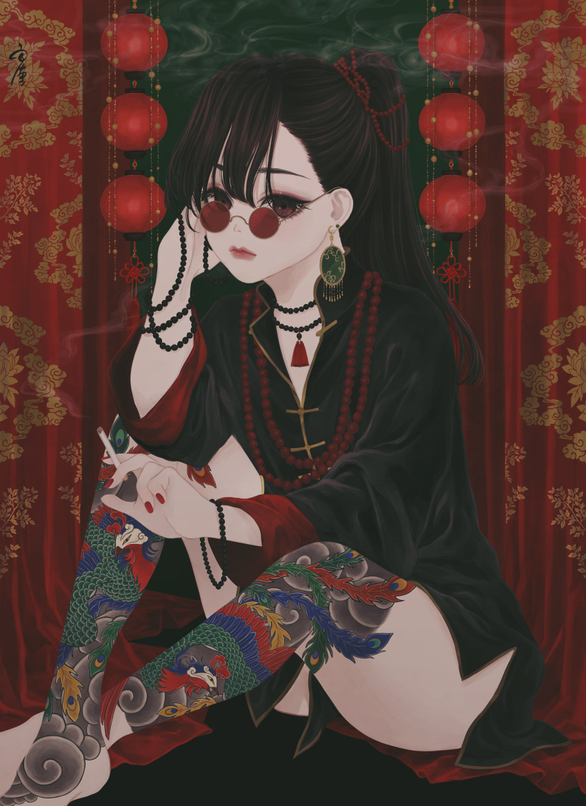 1girl, absurdres, bangs, bare_legs, bird_tattoo, black_hair, black_jacket, bracelet, brown_eyes, chinese_clothes, cigarette, closed_mouth, commentary_request, curtains, earrings, fenghuang, foot_out_of_frame, hand_up, high_ponytail, highres, holding, holding_cigarette, indoors, jacket, jewelry, lantern, leg_tattoo, long_hair, long_sleeves, looking_at_viewer, necklace, no_pants, original, paper_lantern, pearl_necklace, ponytail, red-tinted_eyewear, ring, round_eyewear, signature, sitting, smoke, smoking, solo, straight_hair, sunglasses, tangzhuang, tattoo, tinted_eyewear, ushiyama_ame