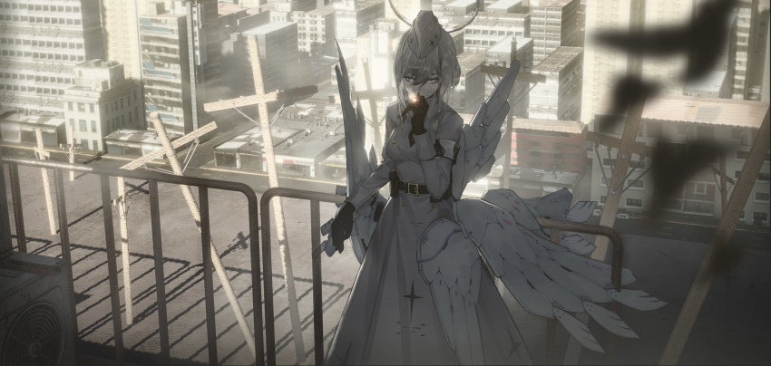 1girl, absurdres, armband, belt, cityscape, garrison_cap, gloves, grey_eyes