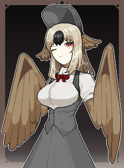1girl, animal_ears, bangs, bird_ears, black_background, black_headwear, black_souls, bonnet