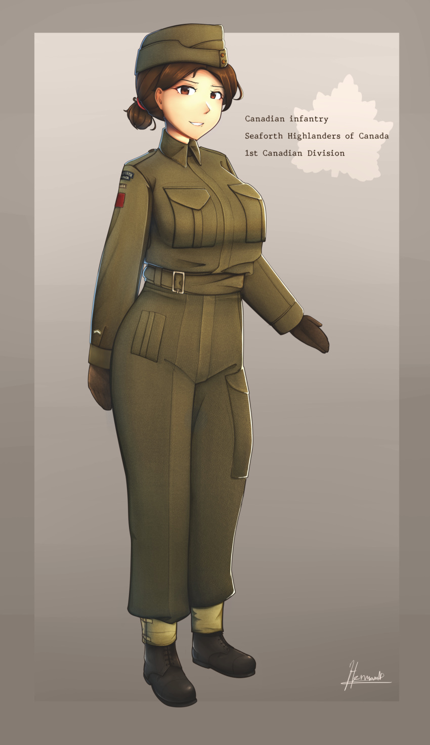 1girl, absurdres, black_footwear, brown_eyes, brown_gloves, brown_hair, canada, canadian_army