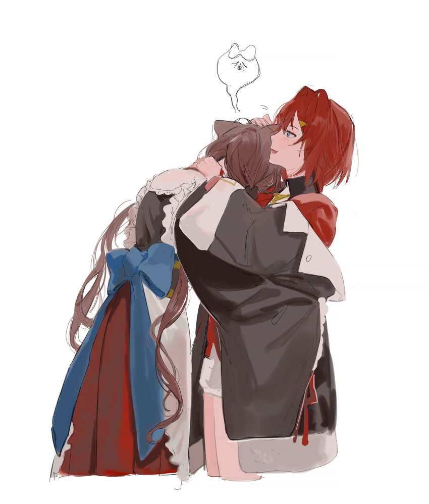 22_(22mimi2434), 2girls, absurdres, ange_katrina, animal_ears, apron, black_jacket, black_kimono, blue_bow, blue_eyes, bow, brown_hair, dog_ears, dog_girl, highres, hug, inui_toko, jacket, japanese_clothes, kimono, long_hair, low_twintails, maid_apron, multiple_girls, nijisanji, off_shoulder, open_mouth, red_sweater, redhead, short_hair, skirt, sweater, twintails, virtual_youtuber, wa_maid, white_skirt