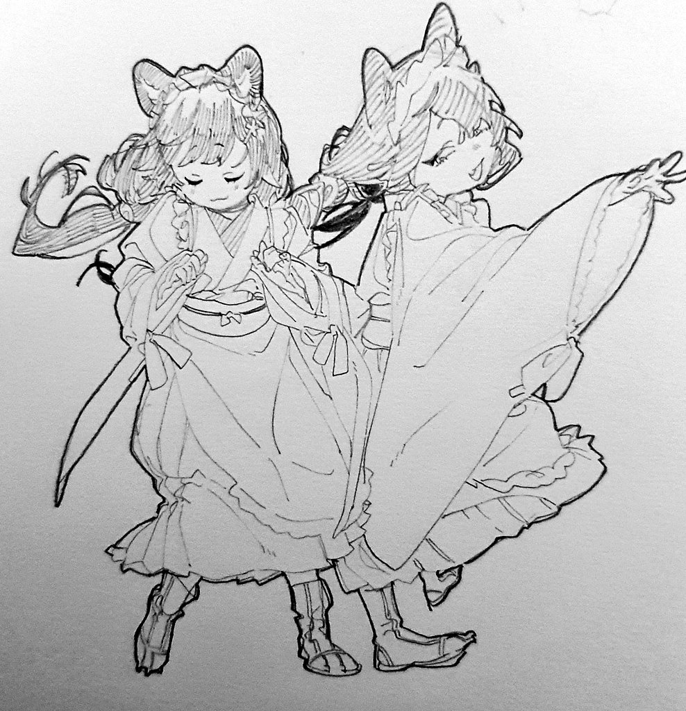 1girl, animal_ears, apron, braid, chibi, closed_eyes, dancing, dog_ears