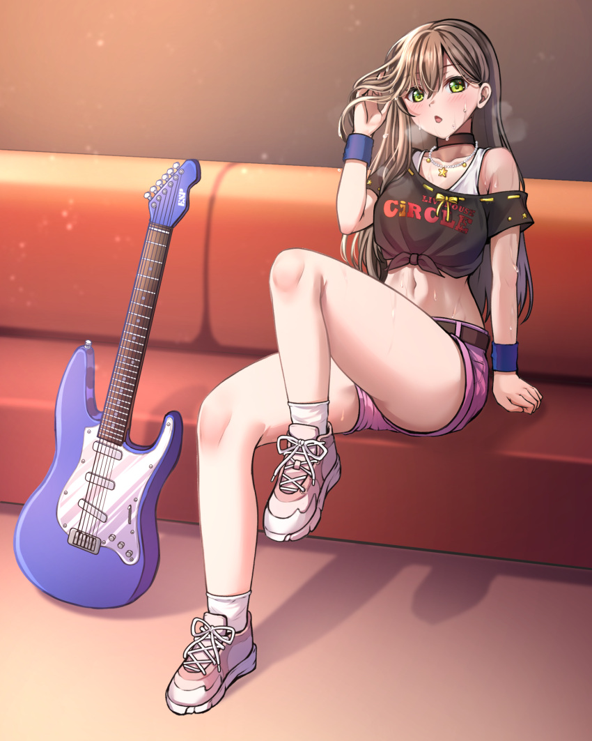 1girl, arm_support, bang_dream!, bangs, bare_shoulders, belt, black_choker, black_hair, black_shirt, blush, breasts, brown_belt, chair, choker, collarbone, commentary, electric_guitar, esp_guitars, eyebrows_visible_through_hair, full_body, green_eyes, groin, guitar, hair_between_eyes, hanazono_tae, hand_in_hair, hand_up, highres, instrument, jewelry, leg_up, long_hair, looking_at_viewer, lounge_chair, midriff, navel, necklace, off-shoulder_shirt, off_shoulder, open_mouth, pink_shorts, ptal, shadow, shirt, shoes, short_shorts, short_sleeves, shorts, sidelocks, sitting, small_breasts, sneakers, socks, solo, steam, sweat, tied_shirt, undershirt, white_legwear, wristband