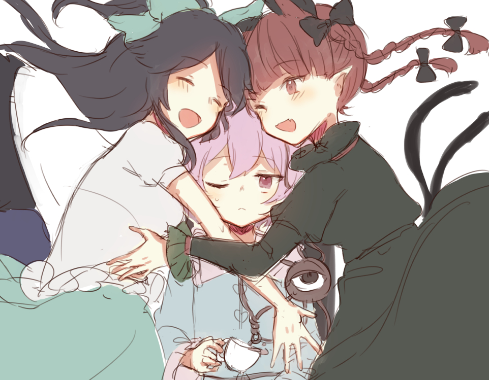 3girls, animal_ears, bangs, bird_wings, black_bow, black_hair, black_wings, blouse