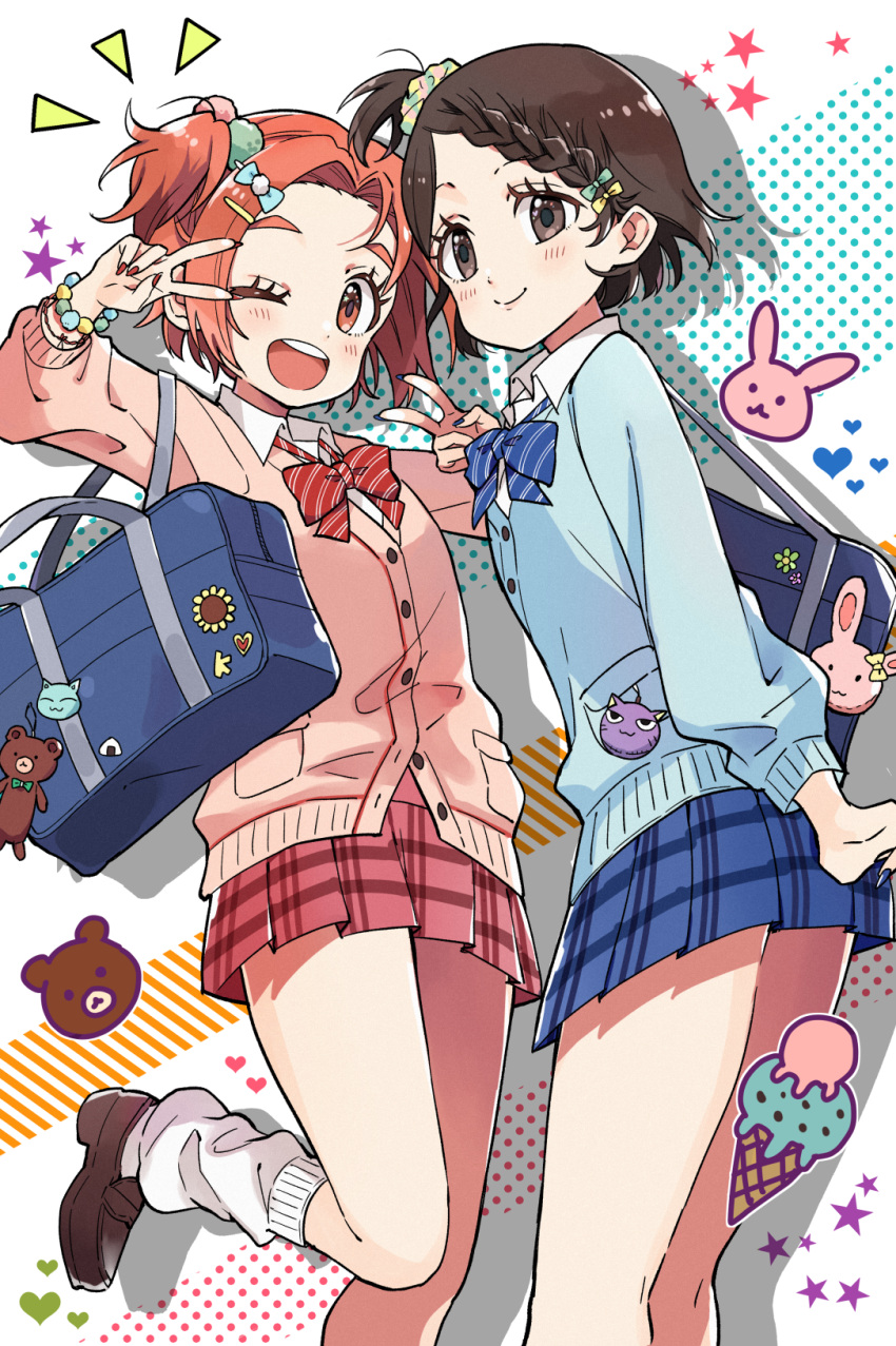 2girls, ai_nige, bag, bangs, brown_eyes, brown_hair, cardigan, checkered_clothes, checkered_ribbon, checkered_skirt, cowboy_shot, food, gyaru, hair_ornament, highres, ice_cream, idolmaster, idolmaster_cinderella_girls, loafers, loose_socks, multiple_girls, one_eye_closed, orange_eyes, orange_hair, ryuuzaki_kaoru, sasaki_chie, school_bag, school_uniform, shoes, short_hair, skirt, teeth, upper_teeth, v