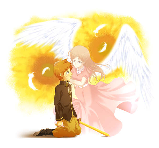angel_wings, arano_hachi, boots, brown_hair, claus, dress, feathers, flower