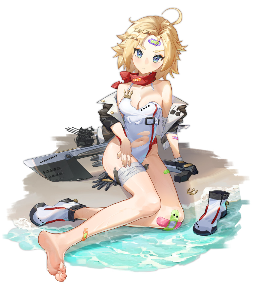1girl, aa_gun, absurdres, anchor, bandaid, bandaid_on_forehead, bandaid_on_knee, black_gloves