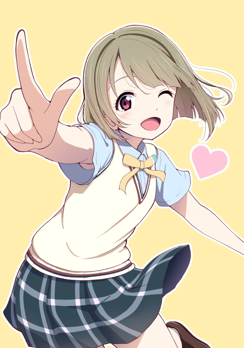 1girl, amagi_(volfuji), asymmetrical_hair, bob_cut, brown_hair, collared_shirt, dress_shirt, grey_hair, grey_skirt, highres, love_live!, love_live!_nijigasaki_high_school_idol_club, nakasu_kasumi, neck_ribbon, nijigasaki_academy_uniform, plaid, plaid_skirt, pleated_skirt, poppin'_up_(love_live!), red_eyes, ribbon, shirt, short_hair, short_sleeves, skirt, solo, summer_uniform, sweater_vest, yellow_background, yellow_neckwear