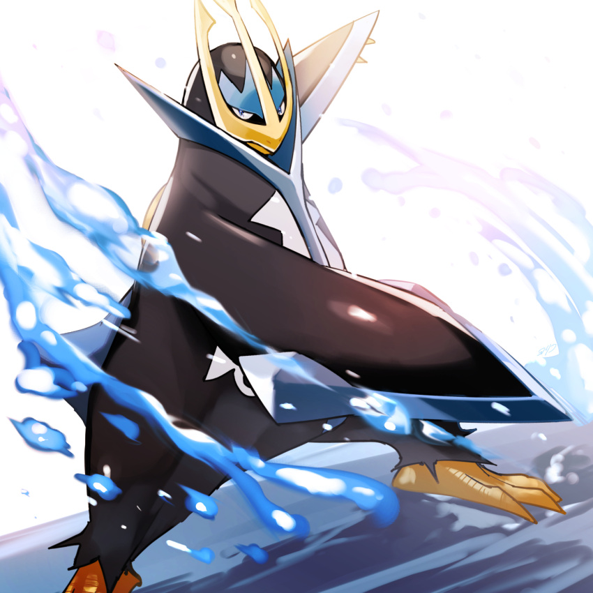 blue_eyes, blurry, closed_mouth, commentary_request, empoleon, highres, legs_apart, no_humans