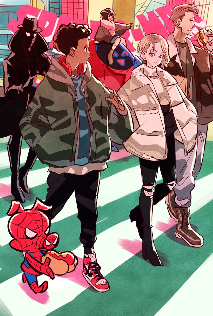 2girls, 4boys, asymmetrical_hair, blonde_hair, burger, casual, coat, crosswalk