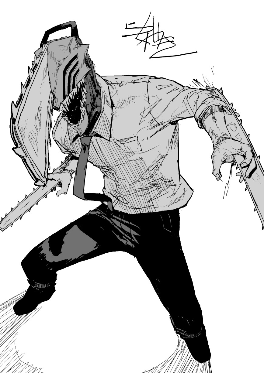1boy, chainsaw, chainsaw_man, denji_(chainsaw_man), fighting_stance, fingernails, hatching_(texture), highres