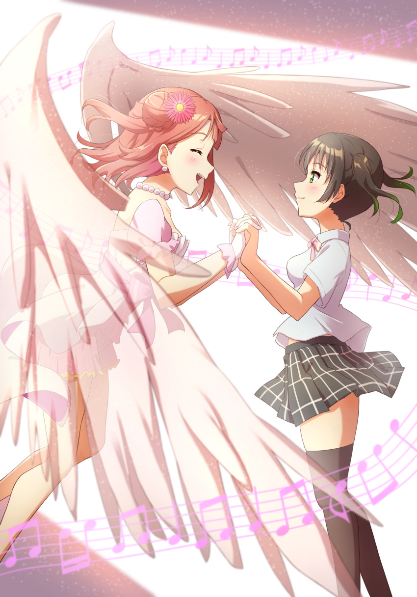 2girls, awakening_promise_(love_live!), bangs, belt, black_hair, black_legwear, blunt_bangs, braid