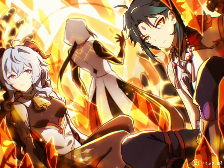 1girl, 2boys, ahoge, arm_tattoo, armor, artist_name, bangs, bare_shoulders, bead_necklace, beads, bell, black_hair, black_legwear, blue_hair, breasts, detached_sleeves, eyebrows_visible_through_hair, facial_mark, forehead_mark, from_behind, ganyu_(genshin_impact), genshin_impact, green_hair, highres, horns, jewelry, junebuart, long_hair, looking_at_another, looking_at_viewer, low_ponytail, medium_breasts, multicolored_hair, multiple_boys, neck_bell, necklace, rex_lapis_(genshin_impact), shoulder_armor, shoulder_pads, shoulder_spikes, sidelocks, sitting, spikes, standing, tassel, tattoo, twitter_username, two-tone_hair, violet_eyes, xiao_(genshin_impact), yellow_eyes, zhongli_(genshin_impact)