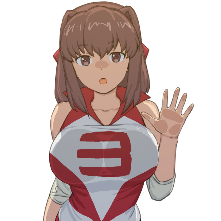 1girl, :o, bangs, breast_press, breasts, brown_eyes, brown_hair, elbow_pads