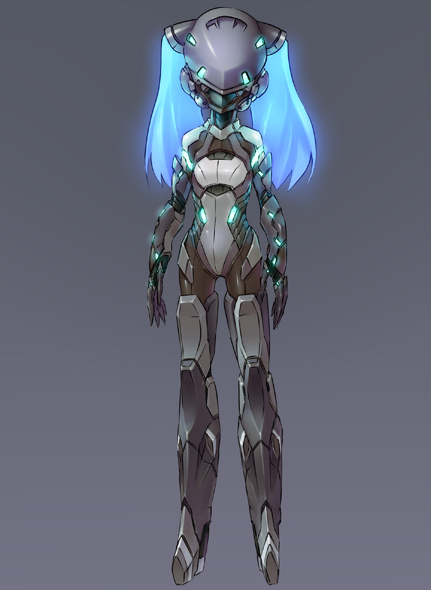 flat_chest, glowing, glowing_hair, original, power_armor, simple_background, solo, tomonao